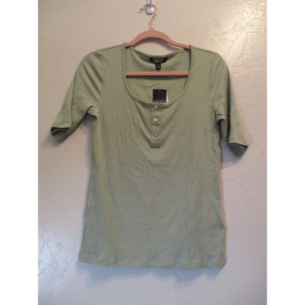 Ralph Lauren Womens Sz M Green Ribbed Henley Short Sleeve Scoop Neck Shirt Top